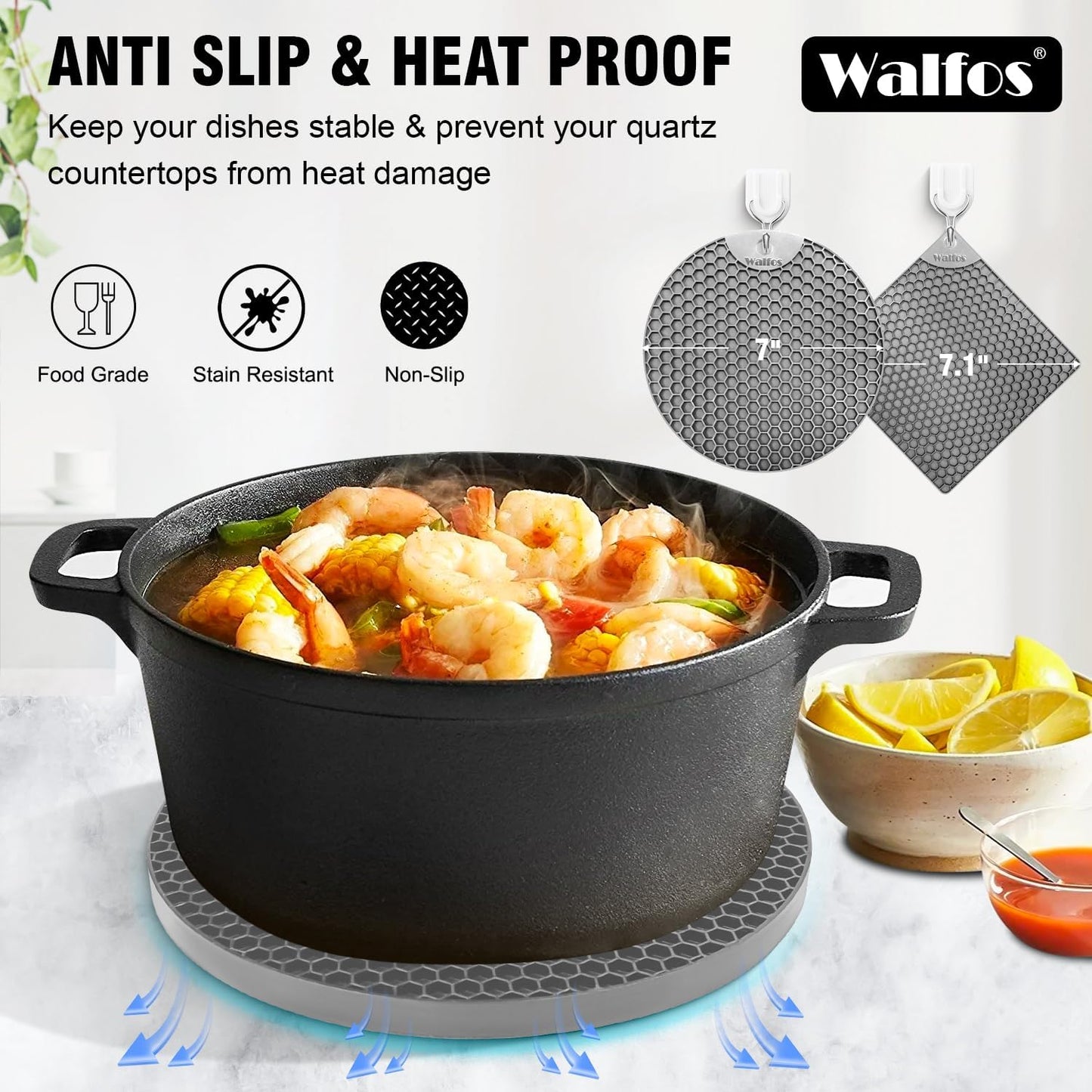 Walfos Silicone Trivet Mats - 4 Heat Resistant Pot Holders, Multipurpose Non-Slip Hot Pads for Kitchen Potholders, Hot Dishers, Jar Opener, Spoon Holder, Food Grade Silicone & BPA Free (Black)