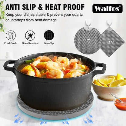 Walfos Silicone Trivet Mats - 4 Heat Resistant Pot Holders, Multipurpose Non-Slip Hot Pads for Kitchen Potholders, Hot Dishers, Jar Opener, Spoon Holder, Food Grade Silicone & BPA Free (Black)