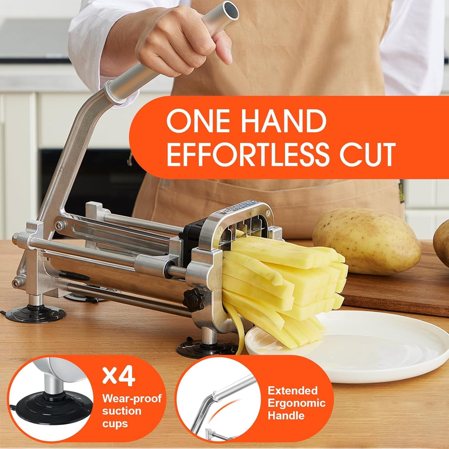 French Fry Cutter, Stainless Steel Potato Cutter with 1/2 Inch, 3/8 Inch and 1/4 Inch Blades (Manual Cutter, 1/2 '' & 3/8 '' & 1/4 '' Blade)