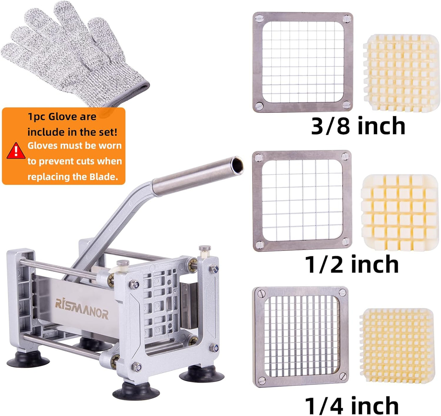 Rismonar French Fry Cutter Stainless Steel Potato Slicer With 1/2 inch Blade for Carrots Cucumbers Vegetables (Silver, Machine + 1/2)