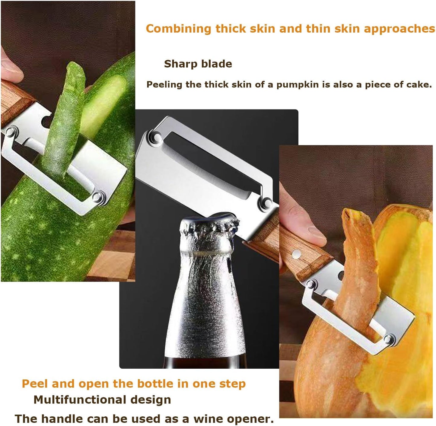 Multifunctional Vegetable Peeler,Zero Flex Peeler with Wooden Handle and Bottle Opener,Stainless Steel Kitchen Tool Suitable for All Kinds Of Vegetables and Fruits(2 PCS)