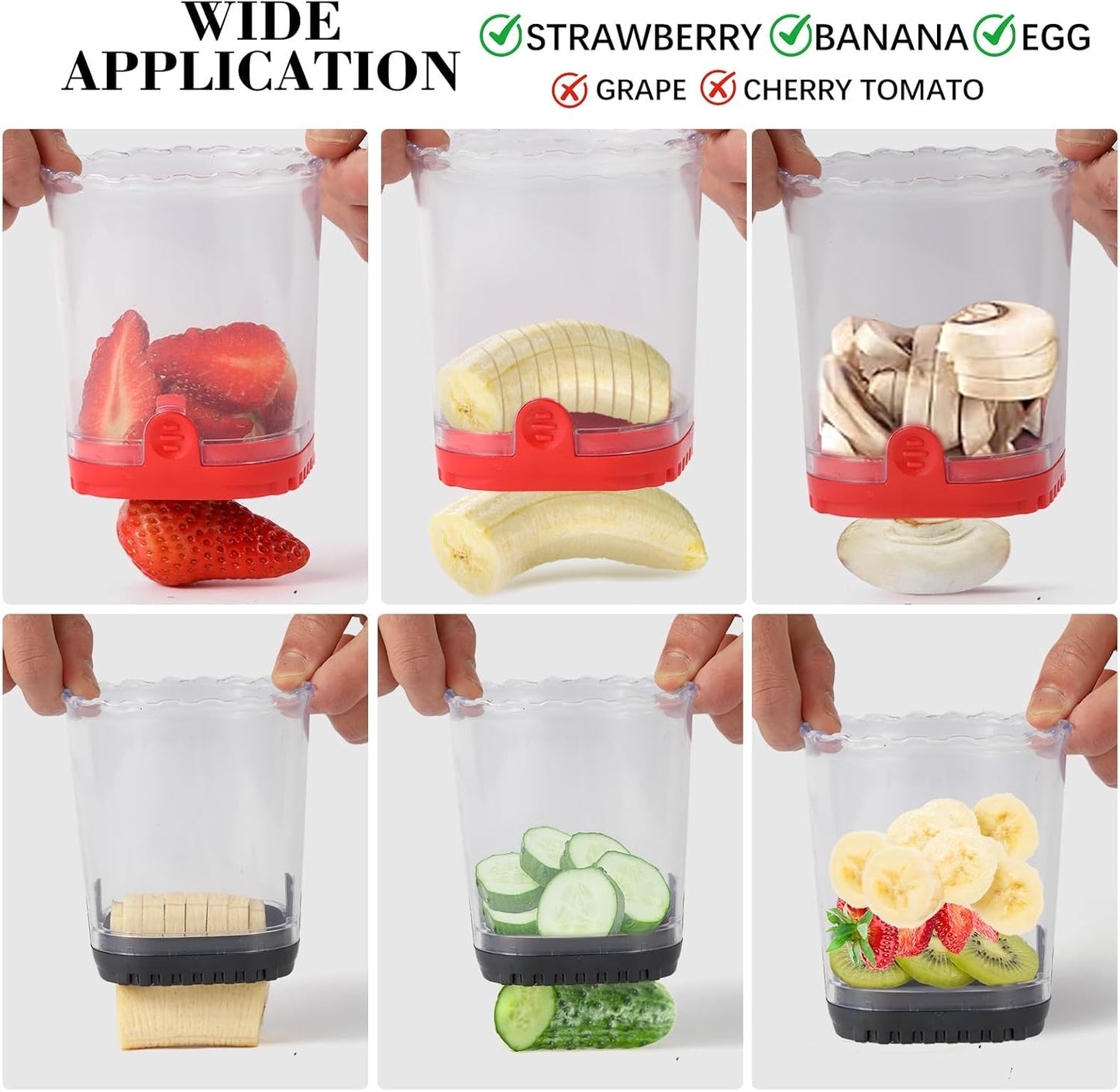 2 Pcs Fruit Slicer Cup, Strawberry Cutter Slicer Cup, Banana Egg Slicers Detachable Fruit with Push Plate, Strawberry Cutter Kitchen Gadget (Black & Red)
