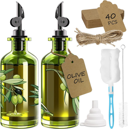 Olive Oil Dispenser Bottle for Kitchen, 12oz/350ml Extra Thick Glass Oil and Vinegar Cruet with Stainless Steel Pourer, Funnel & Cleaning Brush, Premium Oil Dispenser Set (Avocado)