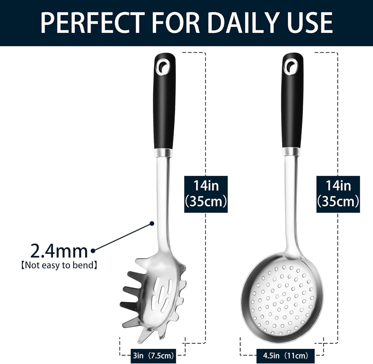 14-in Cooking Spoons Set, Heavy Duty 18/0 Stainless Steel Large Serving Spoons Set, Slotted Spoon, Cooking Spoon & Soup Ladle, Commercial and Residential Use, Pack of 3