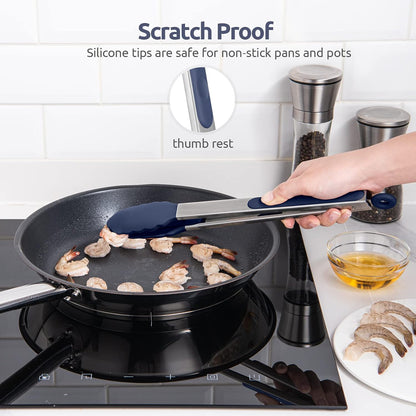 600ºF Heat Resistant Kitchen Tongs: U-Taste 9 inch Silicone Cooking Tong with Firm Sealed Non Stick Rubber Tips & Silicon Coated 18/8 Stainless Steel Handle & Smooth Locking for Serving Salad (Black)