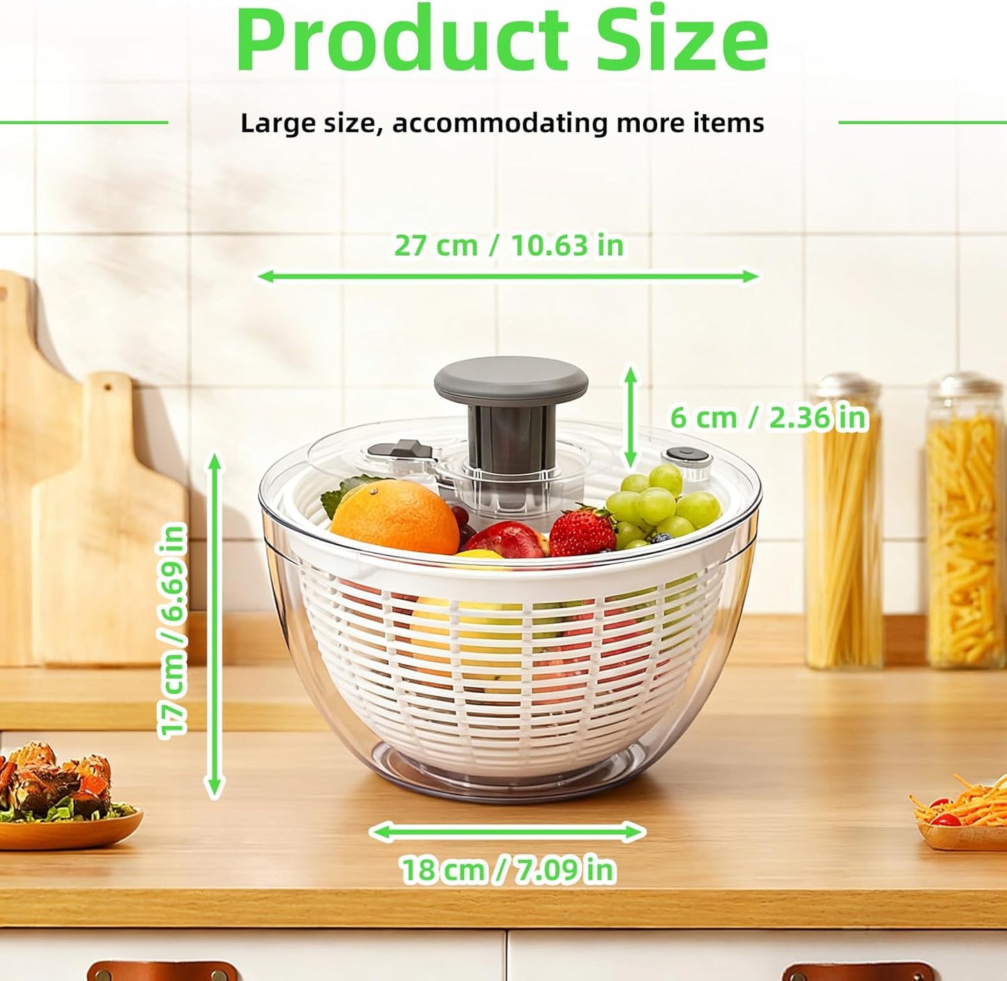 Salad Spinner, Lettuce Spinner with Push-Button Lid and Non-Slip Base, Vegetable & Fruit Washer Bowl, Efficient Spin Dryer and Strainer for Salad Greens and Fruits (6.3QT)