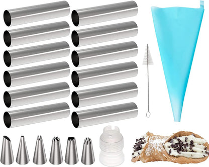 Non-stick Cream Cannoli Tubes, FantasyDay 12 Pcs Stainless Steel Baking Cones Pastry Roll Horn Croissant Mold Cannoli Shells with 1 Clean Brush - Pastry Baking Set for Christmas Cake Anniversary Party