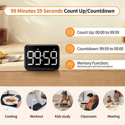 VOCOO Magnetic Kitchen Timer for Cooking with Count Up Countdown, Digital Timer Battery Powered with Large Display, 2 Brightness and Volume Levels for Classroom, Teacher, Kids (Red)