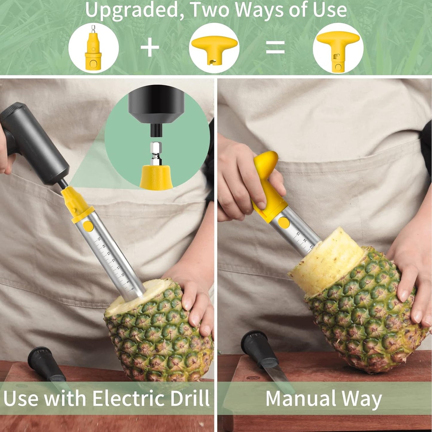 Newness Pineapple Corer with Knife, [Upgraded, Electric & Manual] Stainless Steel Fruit Pineapple Cutter with Electric Drill Accessory, Pineapple Slicer Remover Kitchen Tool with Measure Mark, Yellow