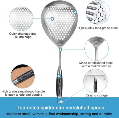 Steel Spider Strainer Skimmer Ladle, Strainer Spider Skimmers for Kitchen Cooking and Frying, Premium Strainer Spoon Diameter: 5.4Inch, Total Length: 15.4Inch