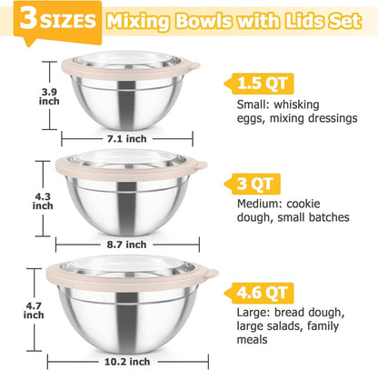 TeamFar Mixing Bowls with Lids, 4.5/3/1.5 QT Stainless Steel Nesting Salad Bowls with Airtight Lids, For Serving/Mixing/Storing/Prepping, Healthy & Sturdy, Visible & Easy Clean, Khaki, Set of 3