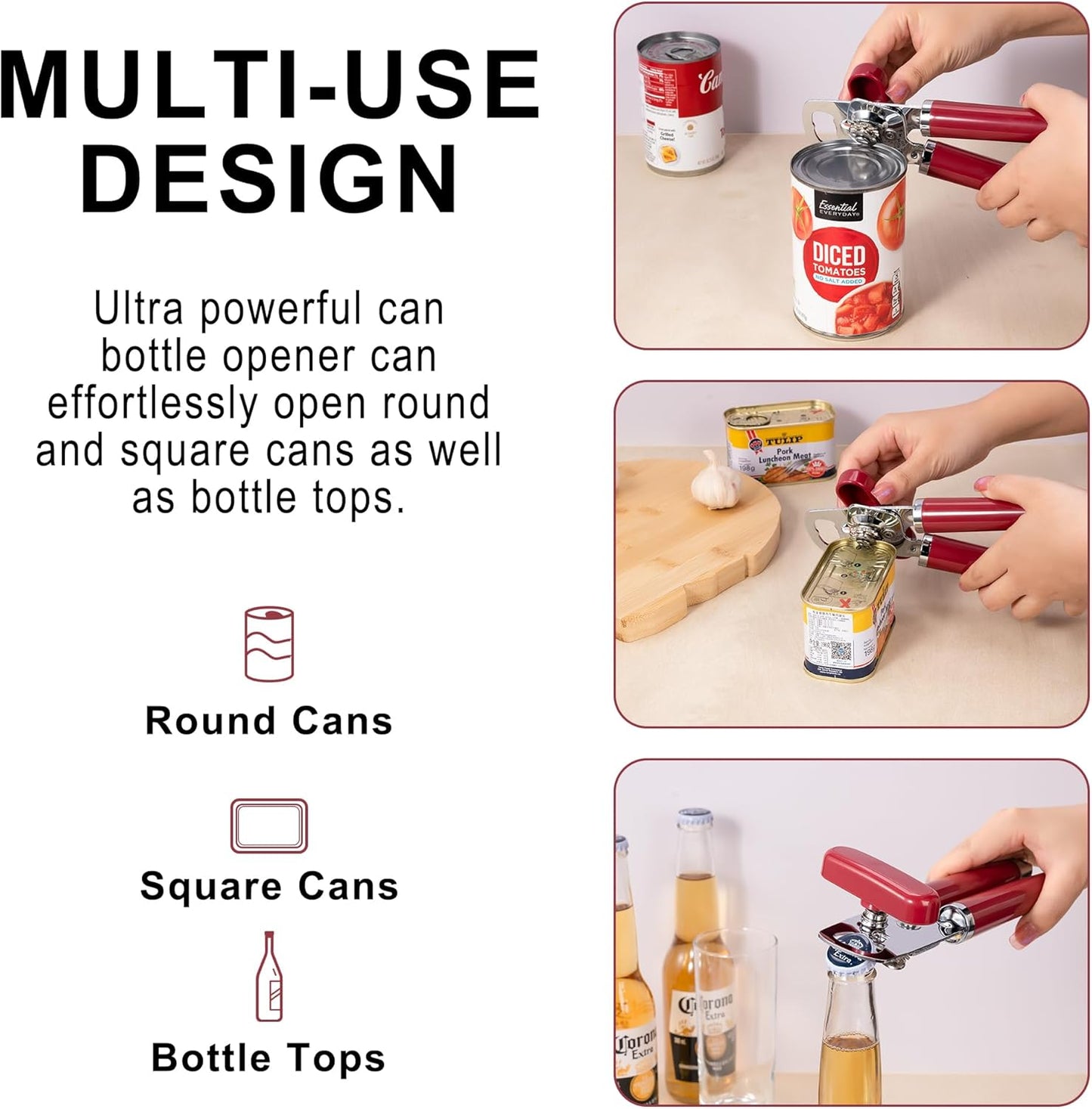 Urbanstrive XL Large Heavy Duty Can Opener Manual Smooth Edge, Hand Held Can Openers for Seniors, Stainless Steel, Comfortable Handle, Built-in Bottle Opener, 8.66 inch (Red)