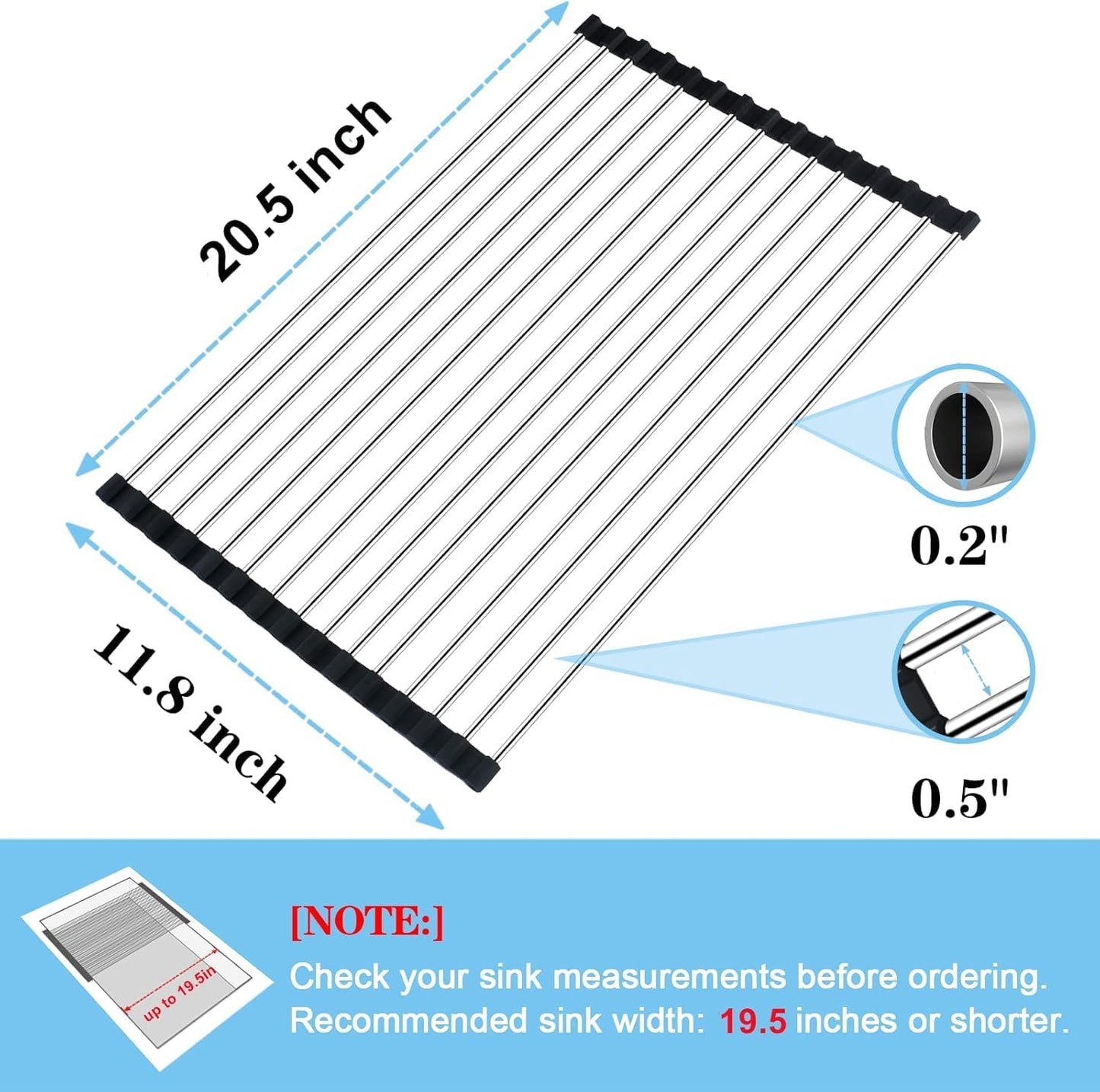 Seropy Roll Up Dish Drying Rack Over The Sink for Kitchen Sink Drying Rack Folding Dish Drainer Mat Rolling Dish Rack Sink Rack Stainless Steel Kitchen Dry Rack Black 17.5x15.7 Inch