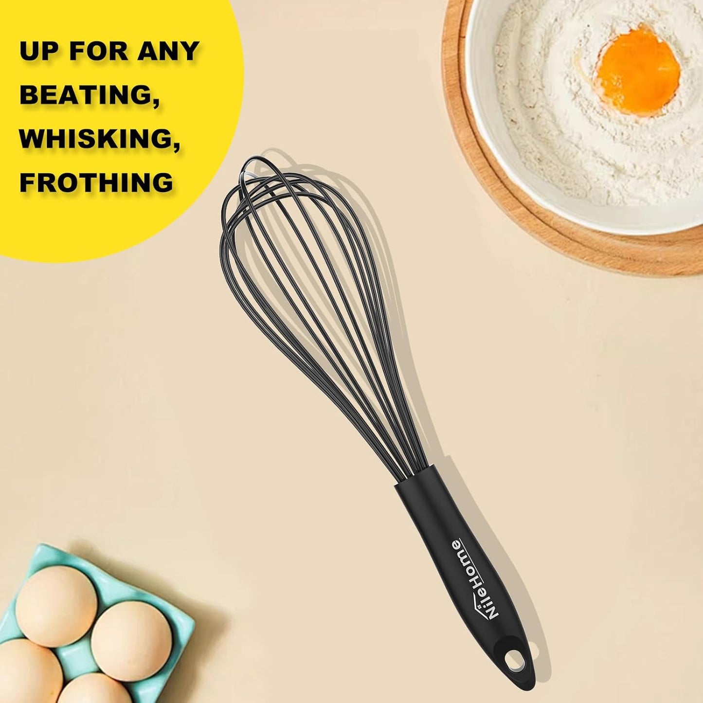 NileHome Silicone Whisk Set 8" 10" 12" Kitchen Whisk Kitchen Wisk Wire Whisks for Cooking, Whisking, Blending, Beating, Stirring-Black 3 Pack