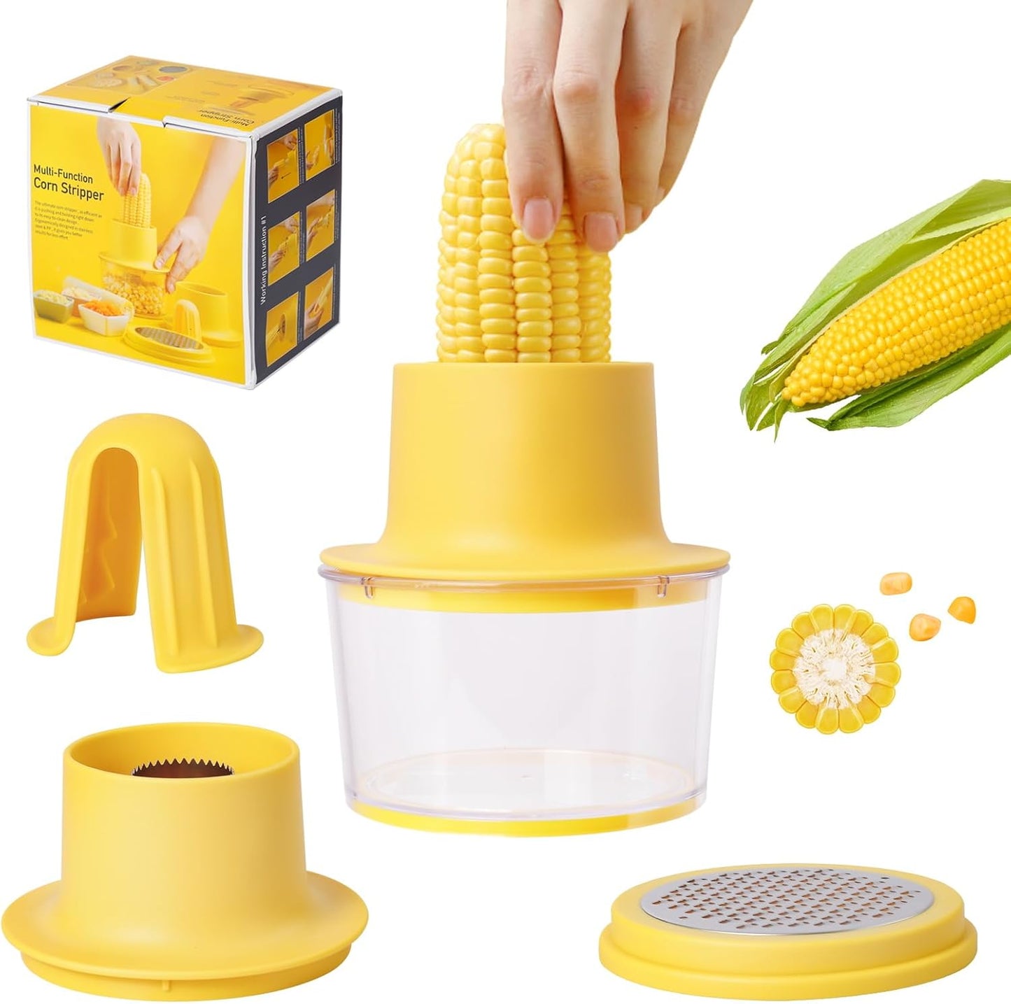 Corn Stripper, 2 in 1 Multi-functional Corn Peeler and Ginger Grater with Bowl and Hand Protector,Quick Remove Corn Kernel