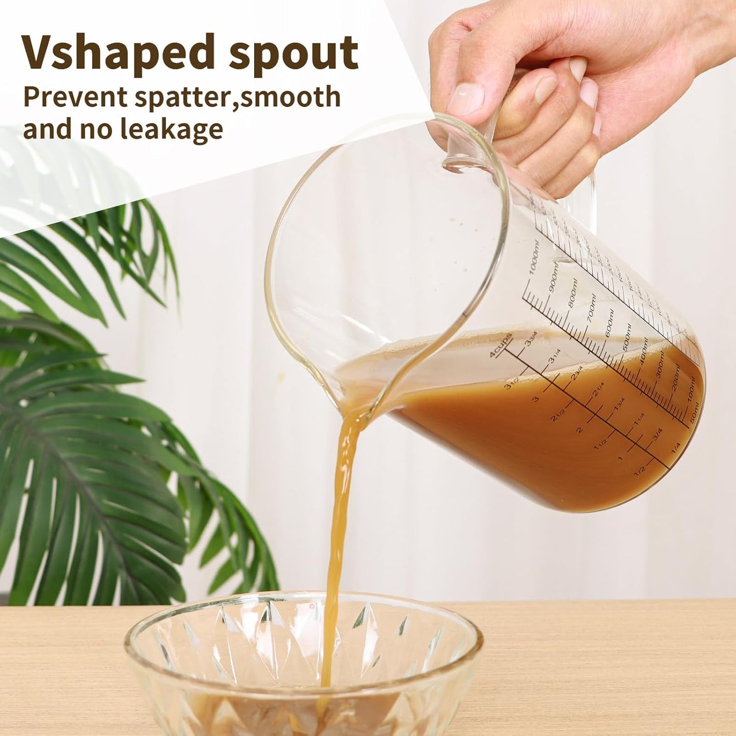 Glass Measuring Cup Set, 4-Cup/32oz (1000 ml) + 12oz (350 ml) Graduated Pitchers with Handle & Drip-Free Spout, Fine Mesh Strainer & Cleaning Brush for Liquid Measuring, Baking, Cold Brew