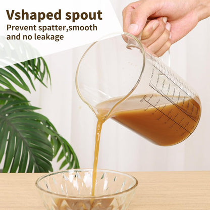 Glass Measuring Cup Set, 4-Cup/32oz (1000 ml) + 12oz (350 ml) Graduated Pitchers with Handle & Drip-Free Spout, Fine Mesh Strainer & Cleaning Brush for Liquid Measuring, Baking, Cold Brew