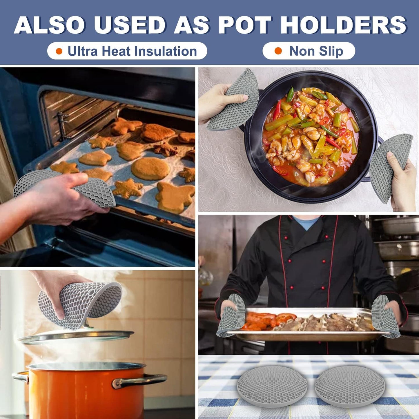 Walfos Silicone Trivet Mats - 4 Heat Resistant Pot Holders, Multipurpose Non-Slip Hot Pads for Kitchen Potholders, Hot Dishers, Jar Opener, Spoon Holder, Food Grade Silicone & BPA Free (Black)