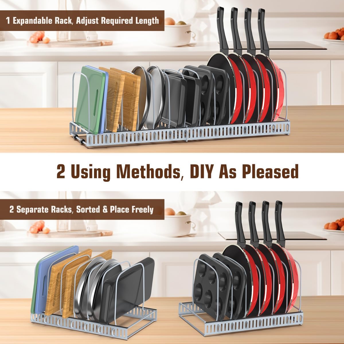 Housolution Cutting Board Organizer Rack, Expandable Baking Tray and Cookie Sheet Organizer with 14 Adjustable Dividers, Bakeware Muffin Tin Cupcake Pan Storage Organizer for Cabinet, Black