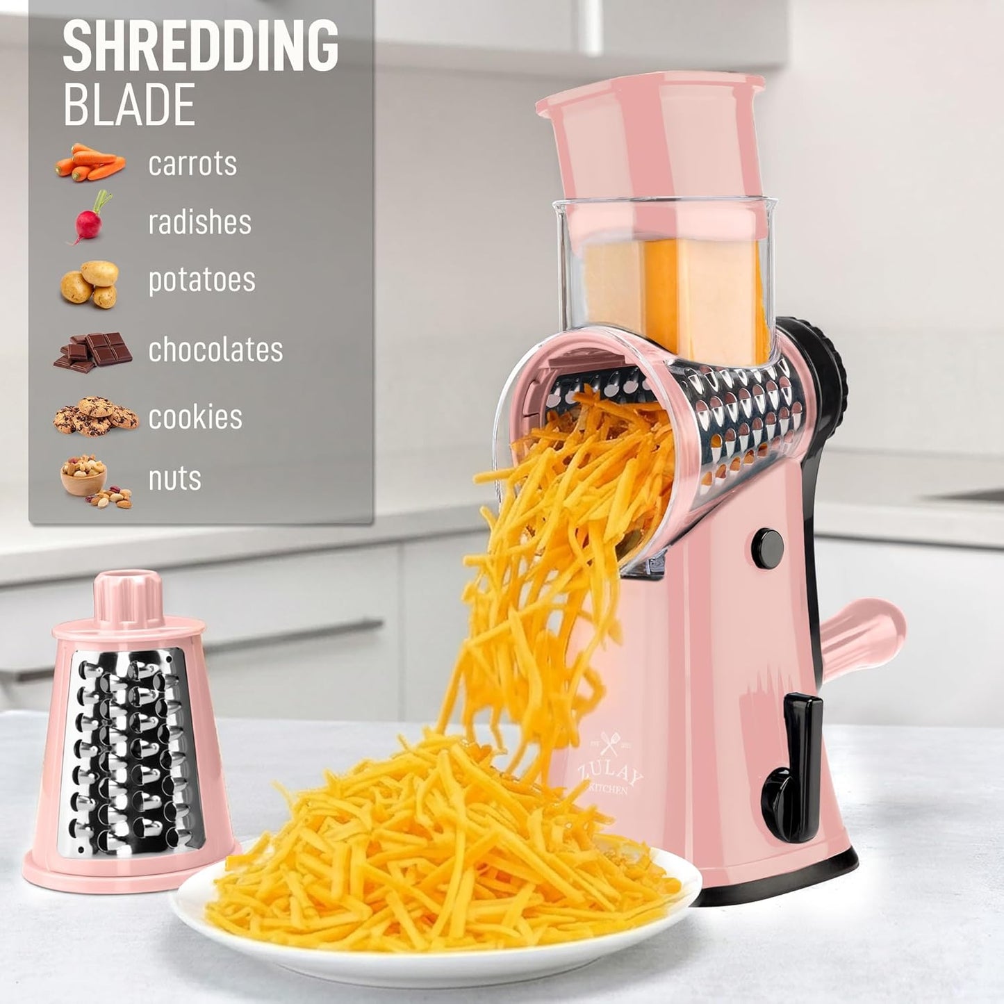 Zulay Kitchen Rotary Cheese Grater 5 Blade Cheese Shredder - Manual Hand Crank Cheese Grater With Reinforced Suction & 5 Interchangeable Drums - Easy to Use, Vegetable Chopper Round Mandoline Slicer - Colors B