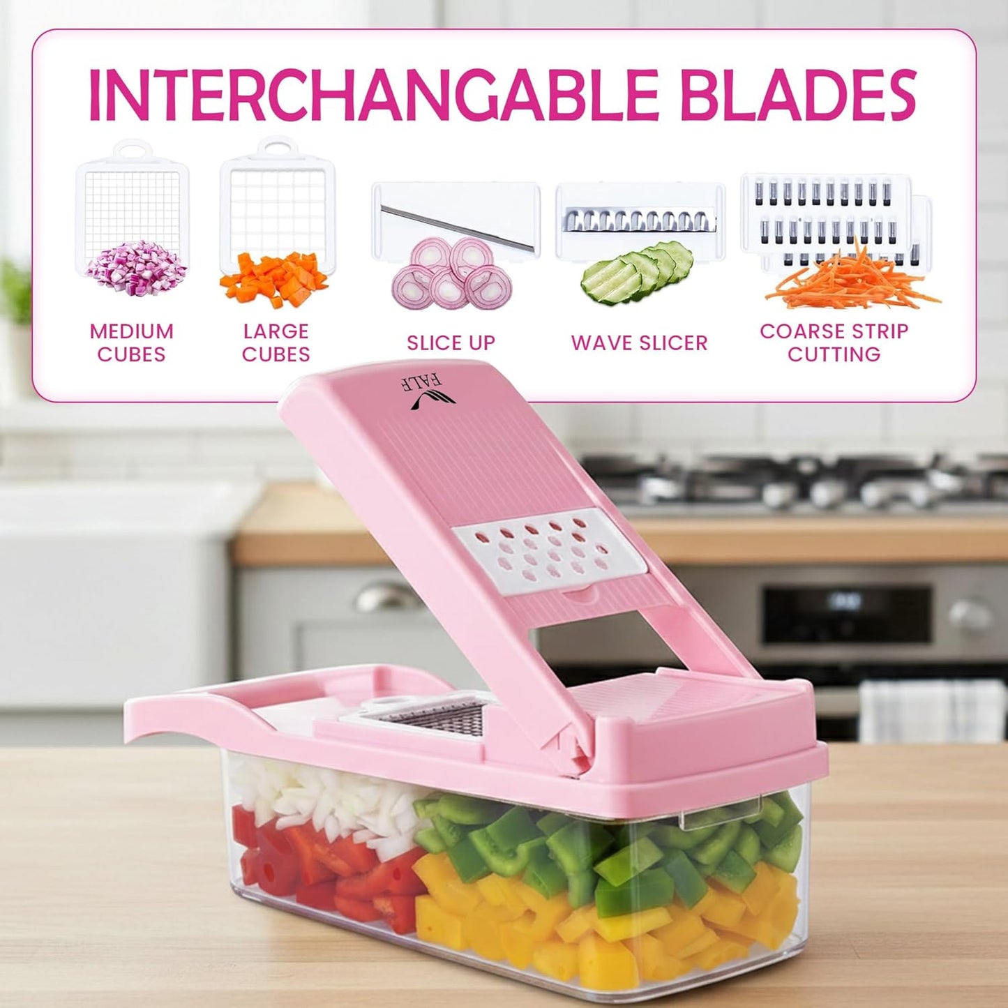 16-in-1 Vegetable Chopper & Mandoline Slicer with Container, Multifunctional Food Chopper, Onion Dicer & Grater for Potato, Carrot, Garlic and Salad, Kitchen Gadgets & Essentials (Pink)