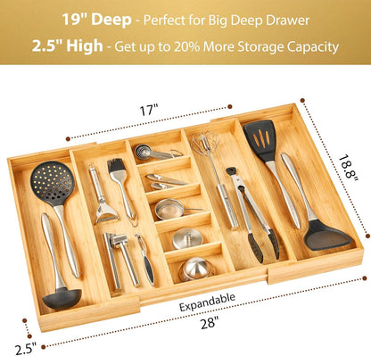 Umilife Large Expandable Kitchen Silverware Utensils Drawer Organizer, 2.5" Extra High Adjustable Drawer Divider with Curved Grooves, Bamboo Wood Cutlery Tray Flatware Holder