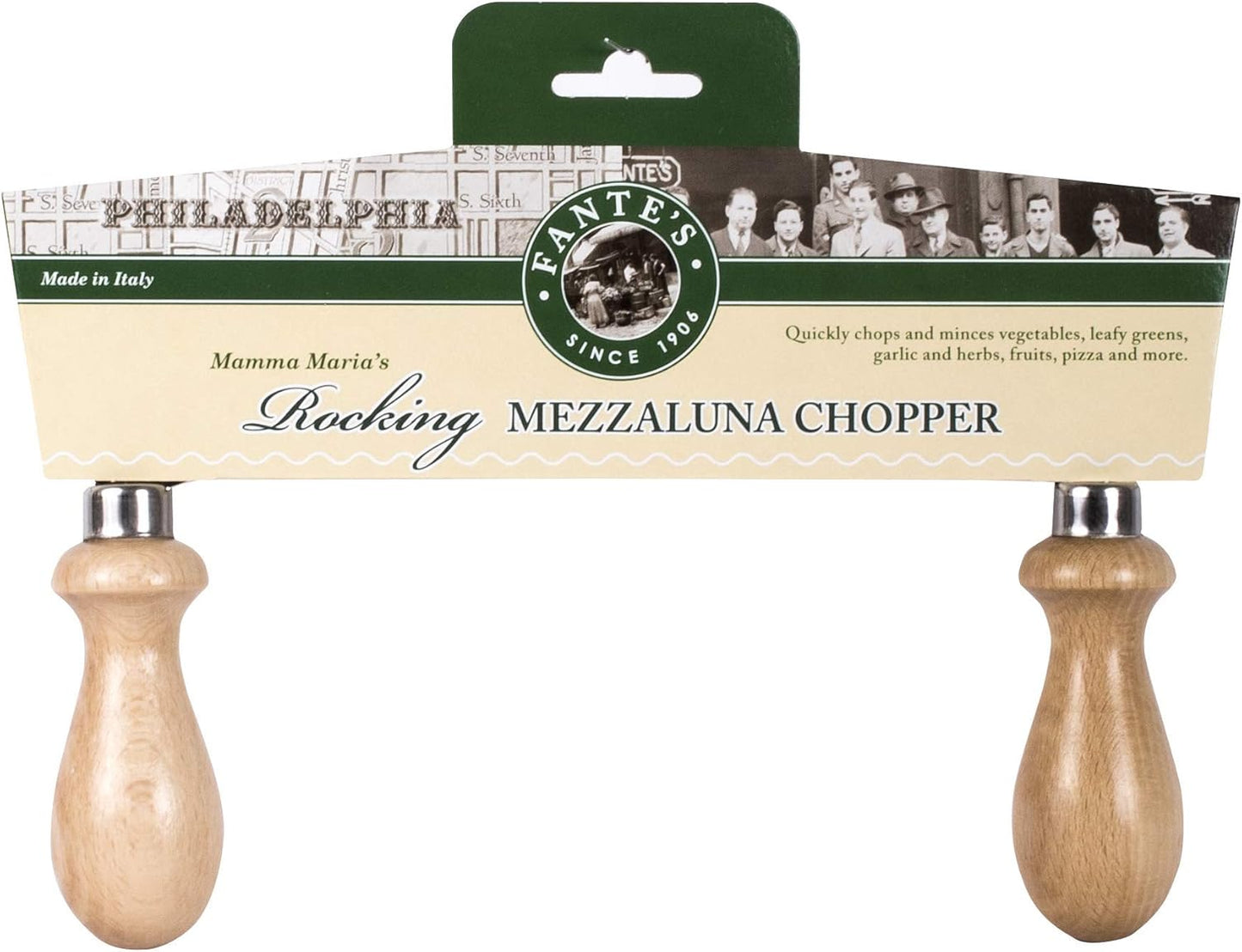 Fantes Double Mezzaluna Vegetable Chopper Rocking Knife, 5.5-Inch Stainless Steel Blade with Beechwood Handles, The Italian Market Original since 1906,Brown