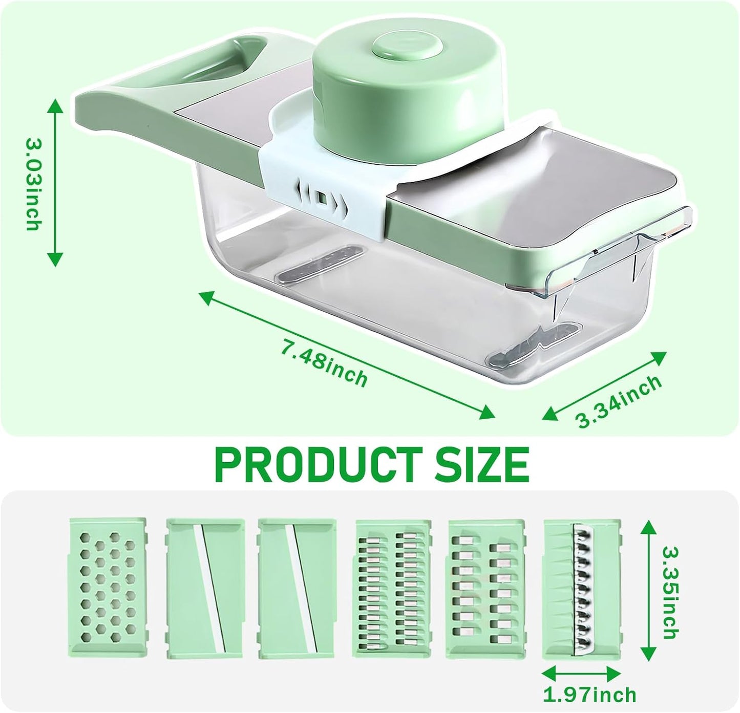 Vegetable Chopper, Mandoline Food Slicer Cutter with Handheld Container, 6 Blades and Blade Box, Cucumber Slicer, Magnetic Kitchen Tools for Veggie Potato Onion Carrot (Green(No magnet), 7 in 1)