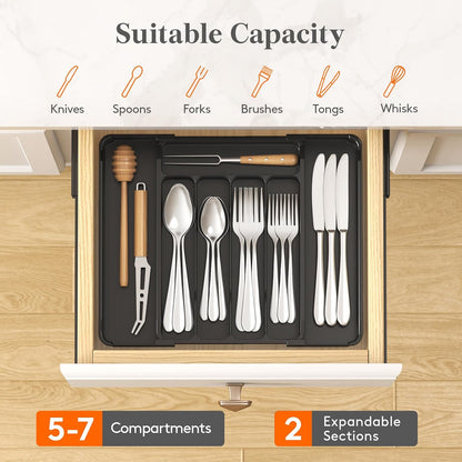 Lifewit Silverware Drawer Organizer, Expandable Utensil Tray for Kitchen, BPA Free Flatware and Cutlery Holder, Adjustable Plastic Storage for Spoons Forks Knives, 11-18 x 14", Black