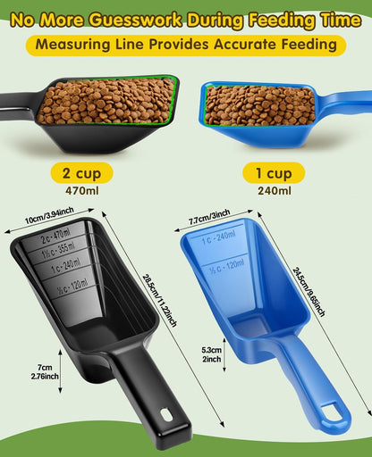 2 Pack Dog Food Scoop with 1 Cup and 2 Cup Capacity, Plastic Pet Food Measuring Scoops with Clear Measurement Lines for Dogs, Cats & More,Dishwasher safe (Green and Black)