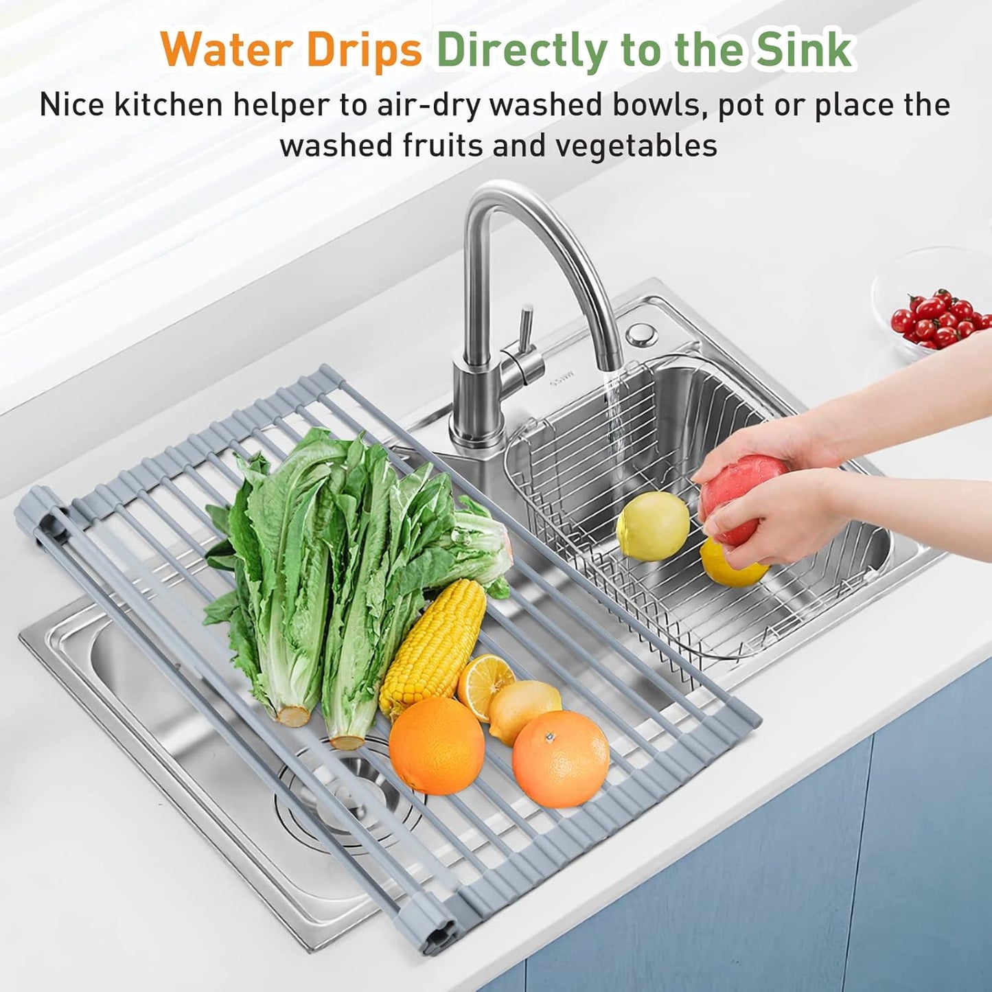 MERRYBOX Roll Up Over The Sink Dish Drying Rack Silicone Wrapped Foldable, Heat-Resistant, Anti-Slip Sink Rack Multipurpose Dish Drainer for Kitchen Sink Counter - White, 17.5" x 11"