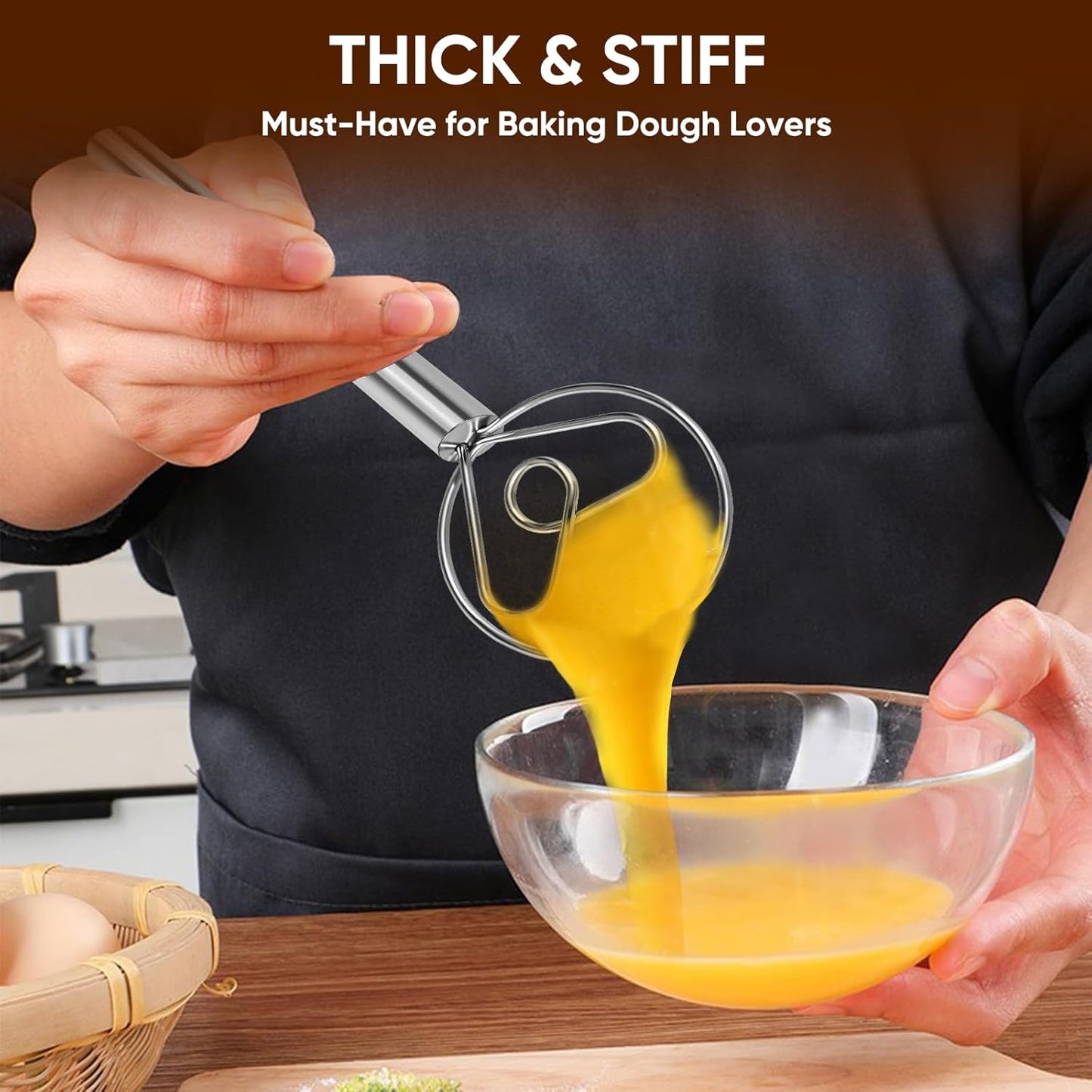 Maxjoy Danish Dough Whisk Wooden Dutch Bread Mixer with Stainless Steel Hook for Sourdough Baking Hand Tool