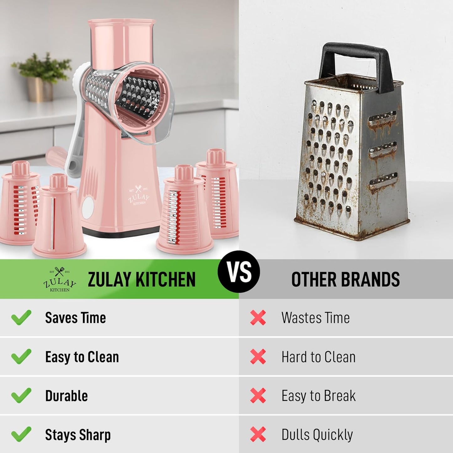 Zulay Kitchen Rotary Cheese Grater 5 Blade Cheese Shredder - Manual Hand Crank Cheese Grater With Reinforced Suction & 5 Interchangeable Drums - Easy to Use, Vegetable Chopper Round Mandoline Slicer - Colors A