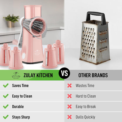 Zulay Kitchen Rotary Cheese Grater 5 Blade Cheese Shredder - Manual Hand Crank Cheese Grater With Reinforced Suction & 5 Interchangeable Drums - Easy to Use, Vegetable Chopper Round Mandoline Slicer - Colors A