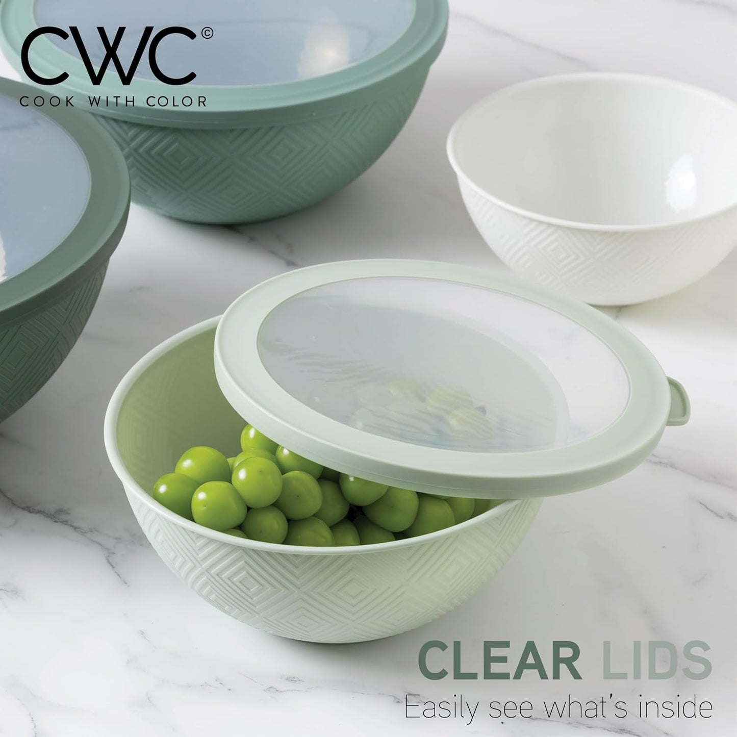 COOK WITH COLOR Mixing Bowls with Lids - 12 Piece Plastic Nesting Bowls Set includes 6 Prep Bowls and 6 Lids, Microwave Safe Mixing Bowl Set, Black Embossed - Colors B