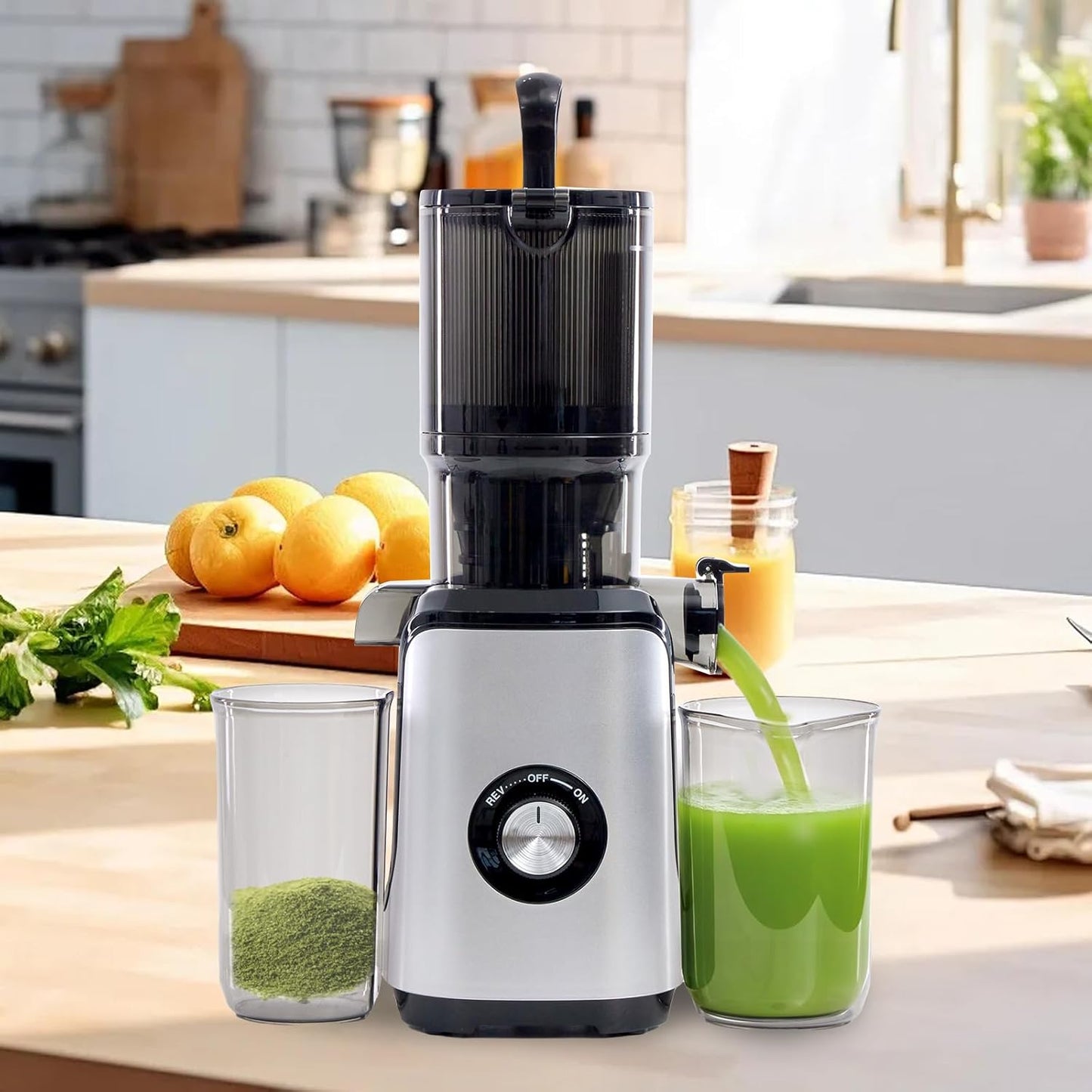 NEWBULIG Cold Press Juicer Machines, Masticating Juicer with High Juice Yield, Reverse Function, Stops Oxidation and Easy to Clean for Vegetables & Fruits, Black