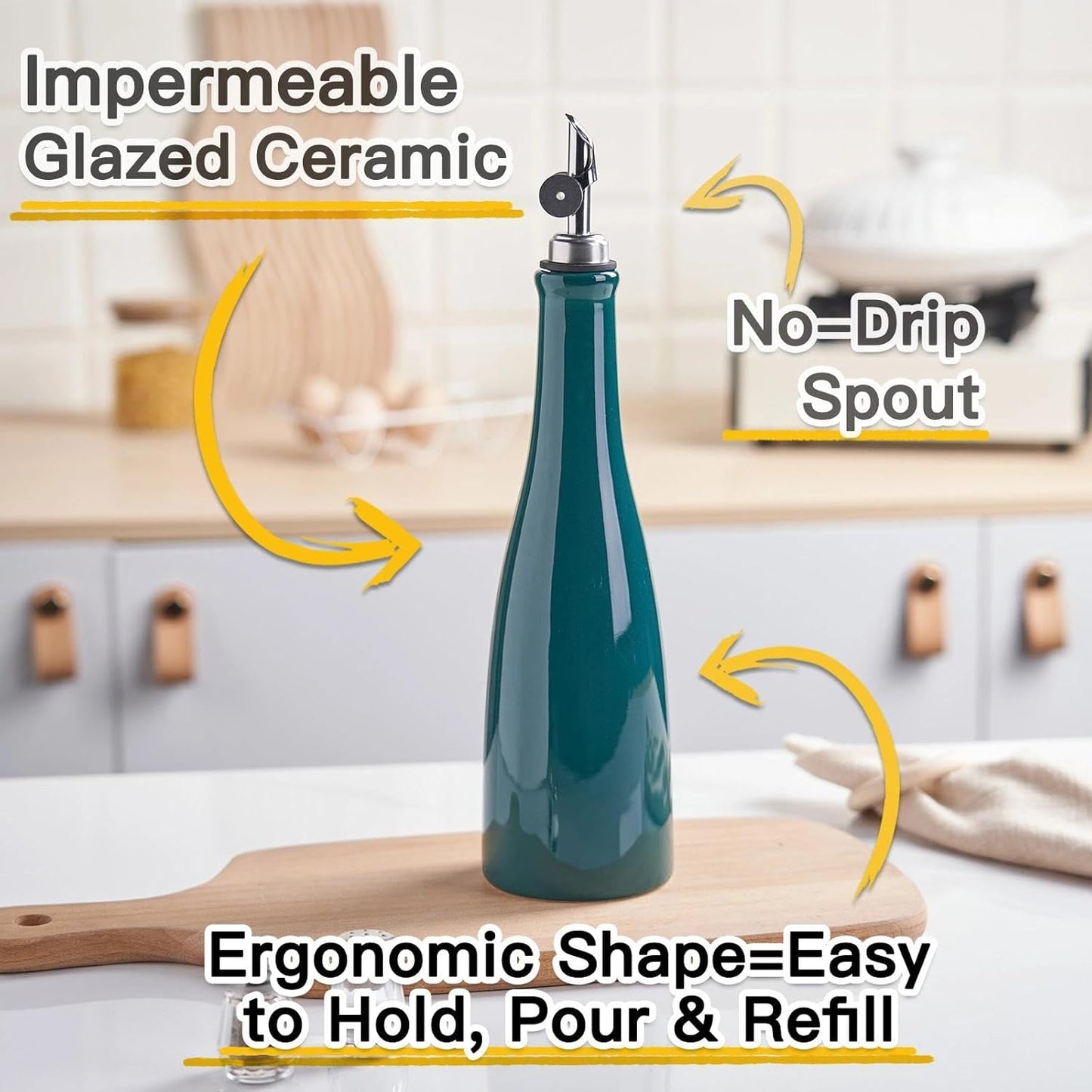 YOLIFE Olive Oil Dispenser Bottle, 20oz Ceramic Oil Dispenser for Kitchen, Oil Bottle with Gravity Spout, Leak Proof EVOO Dispensing Bottle with 2 Spouts and 1 Funnel for Vinegar, Juice(White)