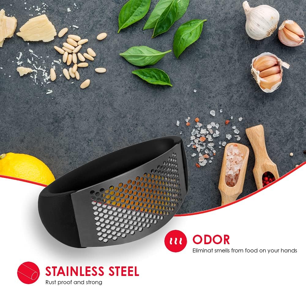 Home Basics Ergo Rust-Proof Stainless Steel Handheld Masher Rocker Press with Ergonomic Grip Arc Handle, Garlic Crusher Squeezer Slicer Mincer,Black, 4.75"x2.00"x2.75"