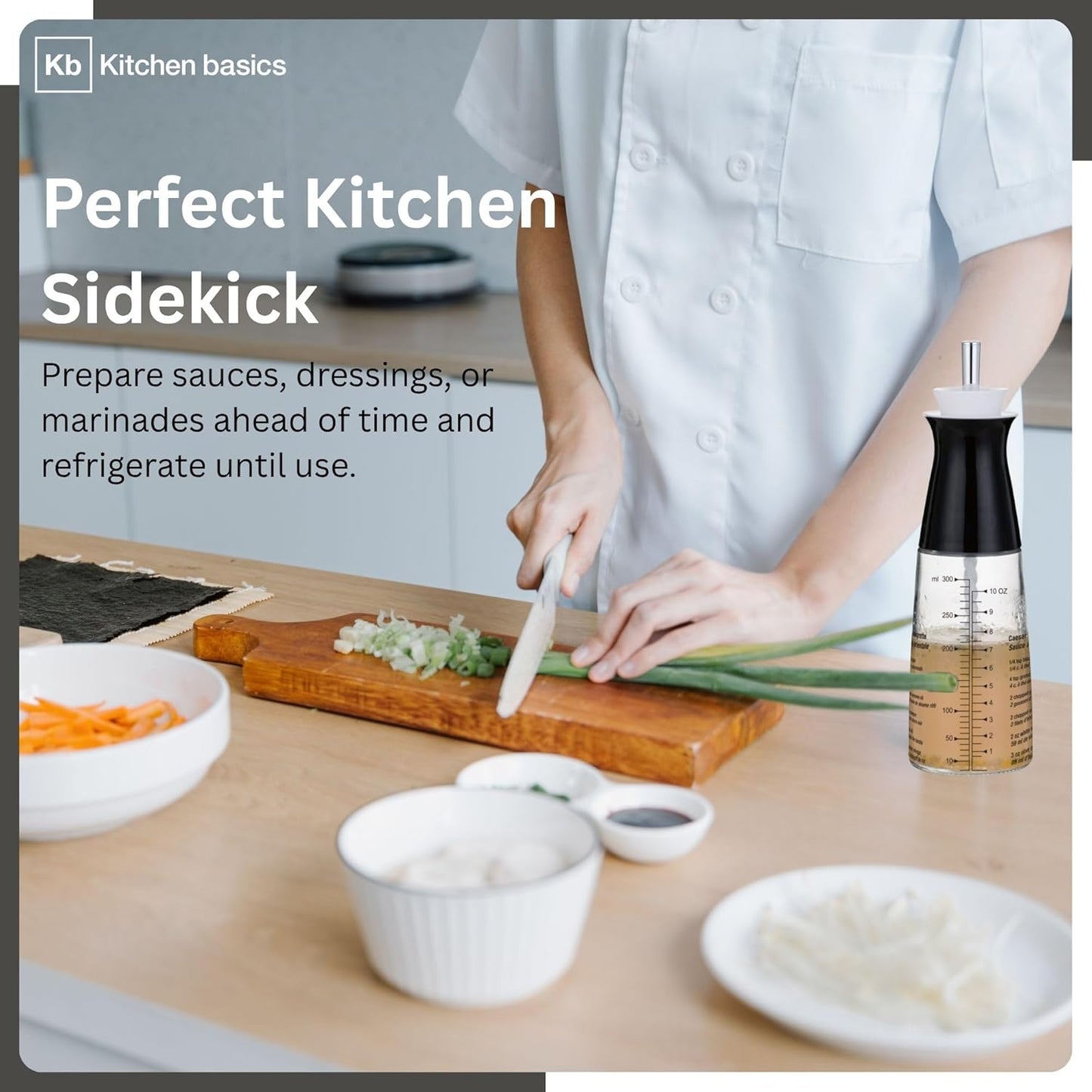 KB KITCHEN BASICS Salad Dressing Cruet 300ml/10oz - Refillable Glass Bottle with Etched Recipes, 3-in-1 Tool to Measure, Mix, Serve Dressings - Stylish & Functional Kitchen Essential