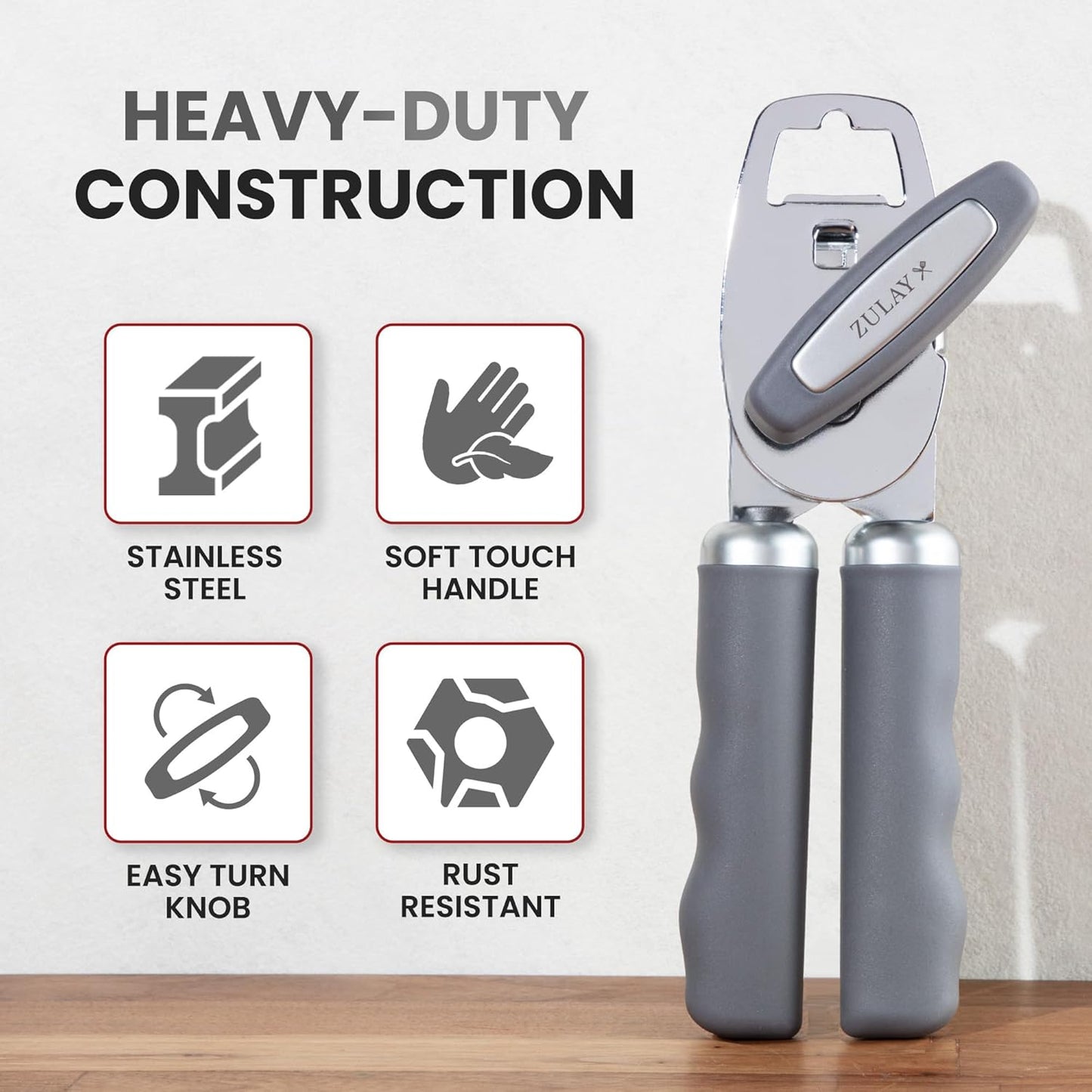 Zulay Kitchen Heavy Duty Stainless Steel Can Opener Manual with Bottle Opener - Rust Proof Manual Can Opener With Turn Knob & Comfy Soft Grip Handles - Cherry Red - Colors A