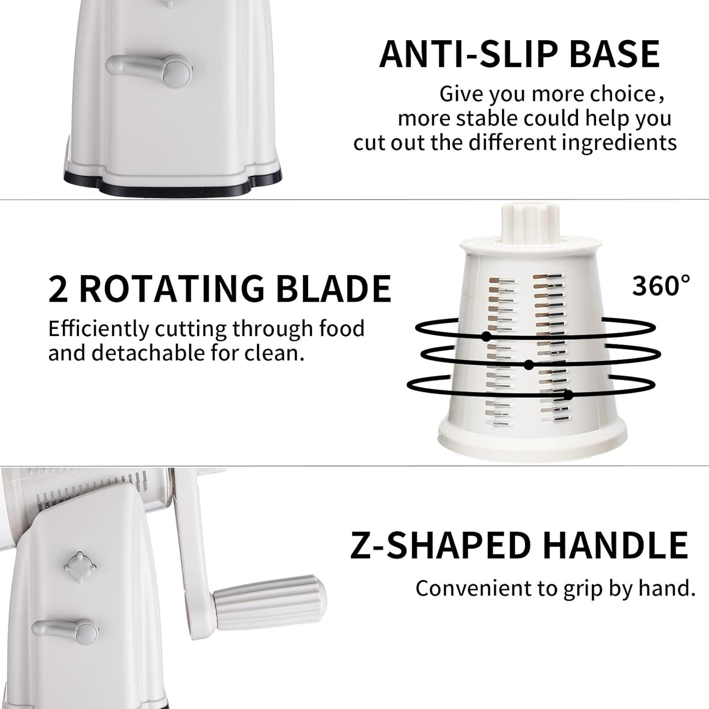 Upgrade Rotary Cheese Grater Shredder with Handle, Strong Suction Base, Multi-purpose Rotary Grater Slicer with 5 Interchangeable Blades for Ice, Vegetables, Fruit, Nuts with Blade Storage Box
