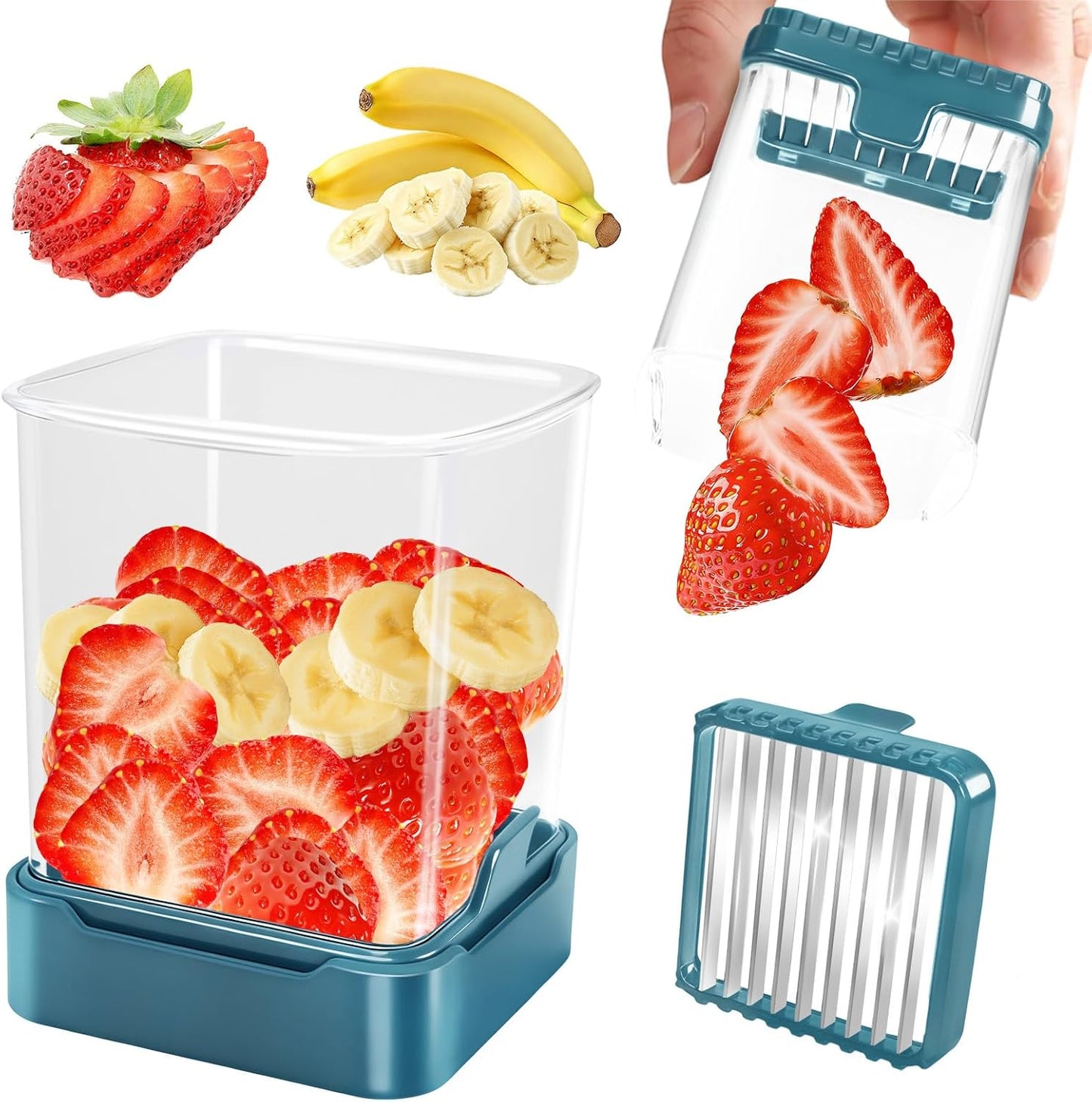 Fruit Slicer Cup for Strawberry, Banana, Hard-Boiled Egg - Detachable Cutter with Push Plate - 304 Stainless Steel Blade - Rapid & Safe Slicing Kitchen Gadget for Quick Meal Prep (Black)