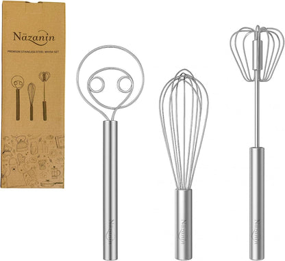 NAZANIN 3-Piece Premium Whisk Set - 304 Stainless Steel Danish Dough Whisk, Semi-Automatic Push Egg Beater, & Balloon Whisk - Professional Battery-Free Baking Tools & Bread Making Gift Set