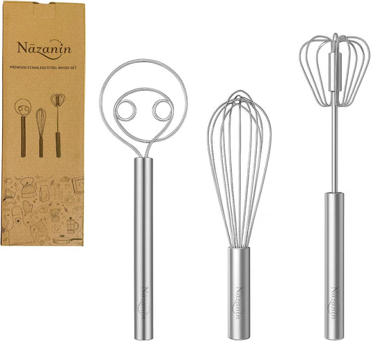 NAZANIN 3-Piece Premium Whisk Set - 304 Stainless Steel Danish Dough Whisk, Semi-Automatic Push Egg Beater, & Balloon Whisk - Professional Battery-Free Baking Tools & Bread Making Gift Set