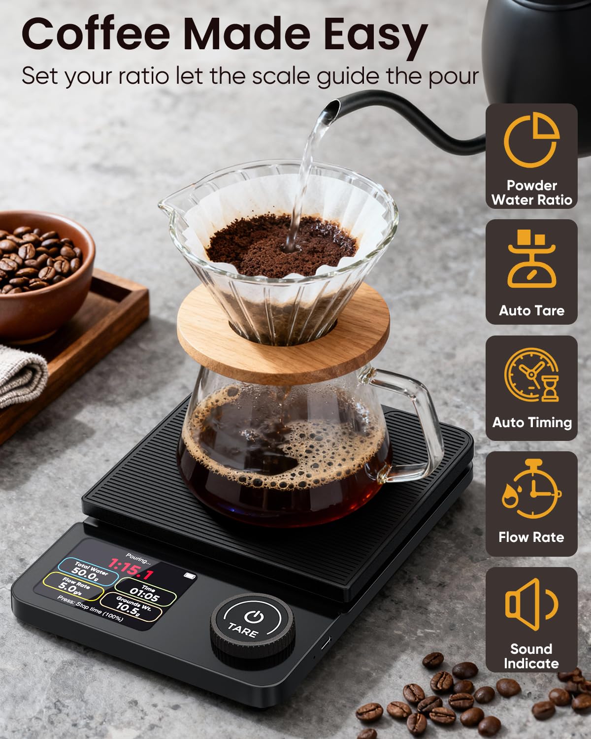 INSMART Coffee Scale with Timer, Bluetooth Espresso Scale with App Sync 5kg/0.1g High Precision, Large Color Display Digital Kitchen Scale, 5 Units & 3 Brew Modes for Pour-Ove, Espresso, Kitchen