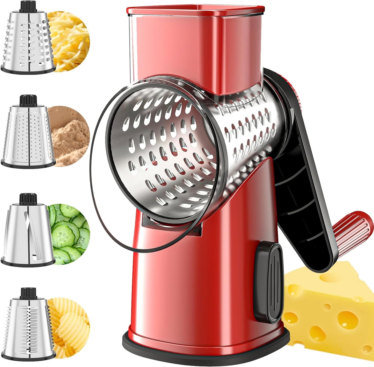 VEKAYA Rotary Cheese Grater Hand Crank with 4 Interchangeable Stainless Steel Blades, Large Manual Handle Shredder and Waffle Slicer for Vegetables, Cheese and Nuts with Table Suction Base(Blue)