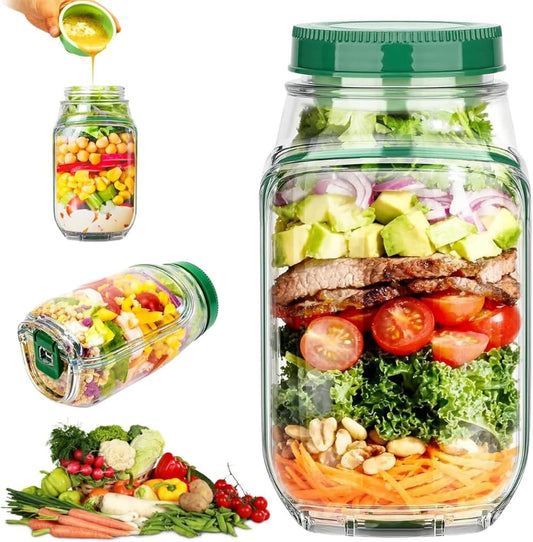 VBESTLIFE Salad Mason Jar Side Open, Shaker Salad Bottle Container Jars with Dressing Cup Compartment, Portable Glass Pods for Lunch Travel
