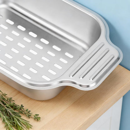 AYNEFY Extendable Over The Sink Basket Expandable Stainless Steel Colander 304 Food Grade Strainer for Washing Vegetables Fruits Pasta Dishes with Rubber Grip Handles (S)