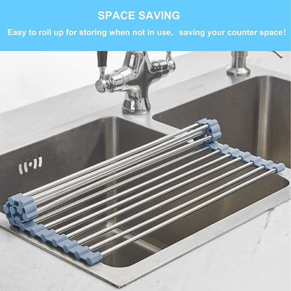 Seropy Roll Up Dish Drying Rack Over The Sink for Kitchen Sink Drying Rack Folding Dish Drainer Mat Rolling Dish Rack Sink Rack Stainless Steel Kitchen Dry Rack Black 17.5x15.7 Inch