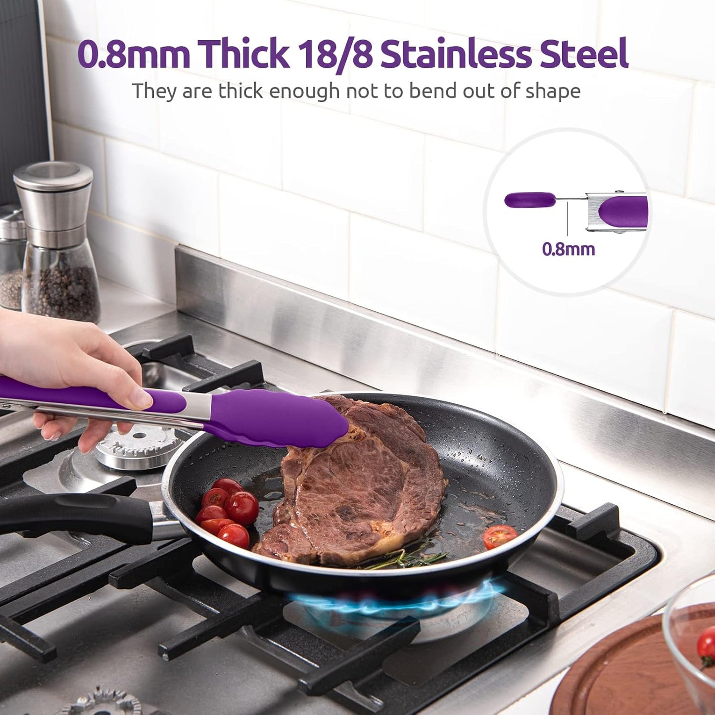 600ºF Heat Resistant Kitchen Tongs: U-Taste 9 inch Silicone Cooking Tong with Firm Sealed Non Stick Rubber Tips & Silicon Coated 18/8 Stainless Steel Handle & Smooth Locking for Serving Salad (Black)